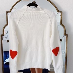 White mock neck knit sweater heart elbow patch